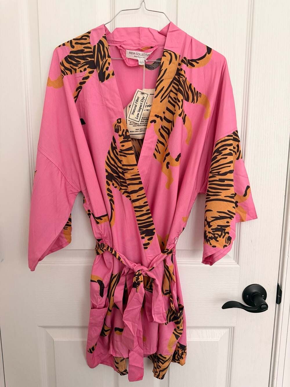 Emerson Fry India Collection Hand-Printed Pink Tiger Cotton Kimono Robe - Picture 2 of 12